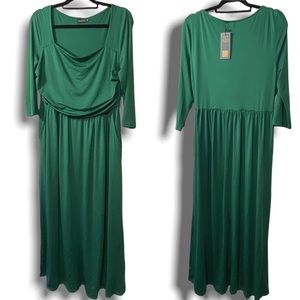 *NWT green pleated slimming dress 3 qtr sleeves draping long size XL formal work